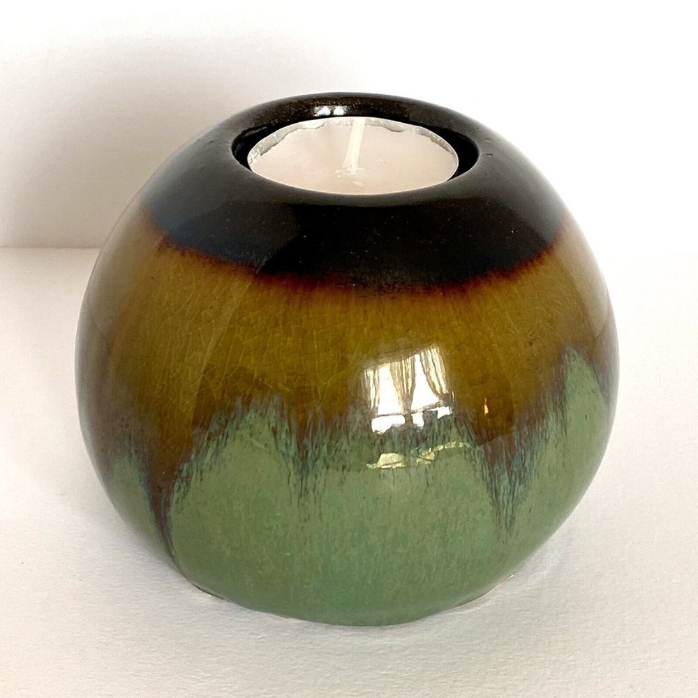 Drip Glaze Round Ceramic Ball Votive Candle Holder Boho Brown Tan Sage Green